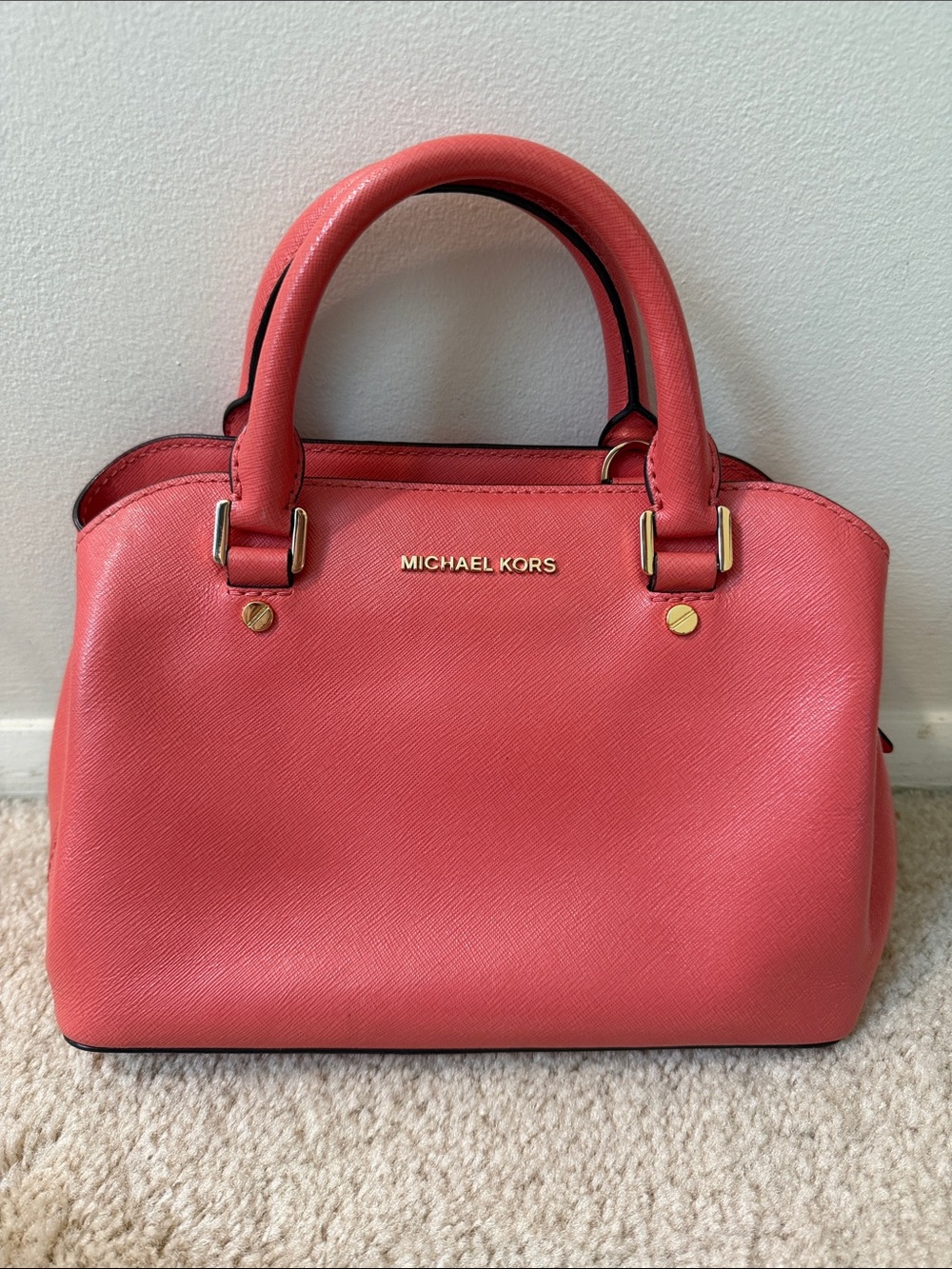Michael Kors Savannah Small Saffiano Leather Satchel in Pink Grapefruit